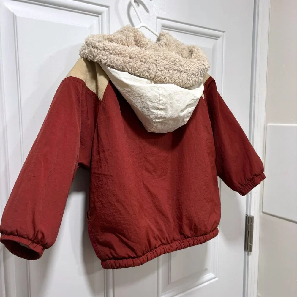 Zara Colorblock Hooded Jacket in White, Beige, Burgundy & Red
